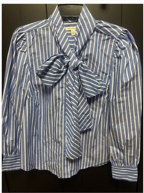 Striped Bow Tie Blouse - Blue & White
